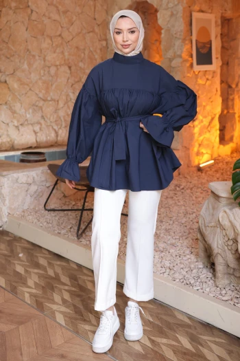 Lacivert Büzgü Detaylı Balon Kol Kuşaklı Tunik