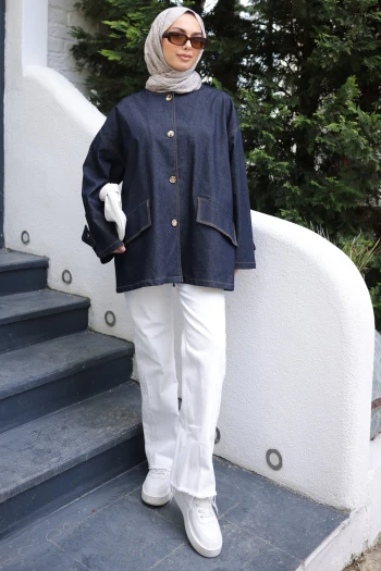 Lacivert Cepli Düğmeli Oversize Ceket