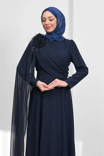 Lacivert Çiçek Detaylı Kemerli Abiye