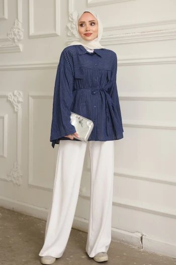 Lacivert Çizgili Oversize İp Bağlamalı Gömlek