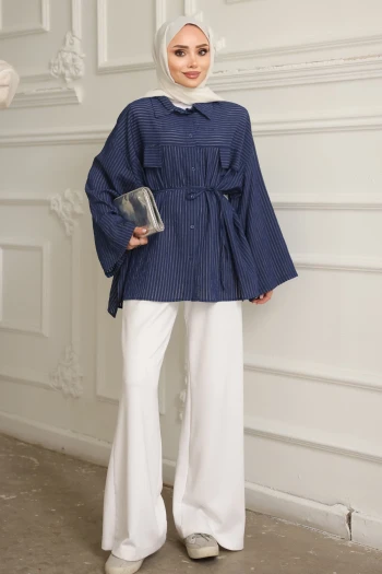 Lacivert Çizgili Oversize İp Bağlamalı Gömlek