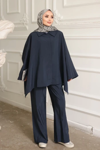 Lacivert Düğmeli Pantolonlu Panço Takım