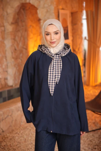 Lacivert Ekose Bağlamalı Kapüşonlu Ceket