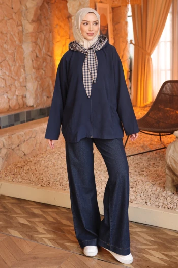 Lacivert Ekose Bağlamalı Kapüşonlu Ceket