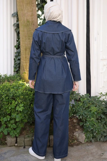 Lacivert Fermuarlı Kemerli Ceket Pantolonlu Takım