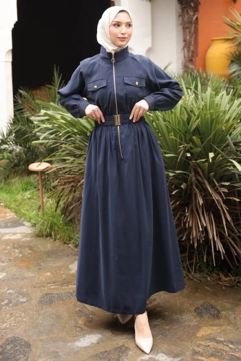Lacivert Fermuarlı Lastik Kemerli Elbise