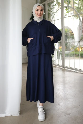 Lacivert Fermuarlı Sweat Hırka Etekli Modal Takım