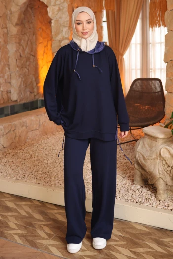 Lacivert Garnili Kapüşonlu Tunik Pantolonlu Takım