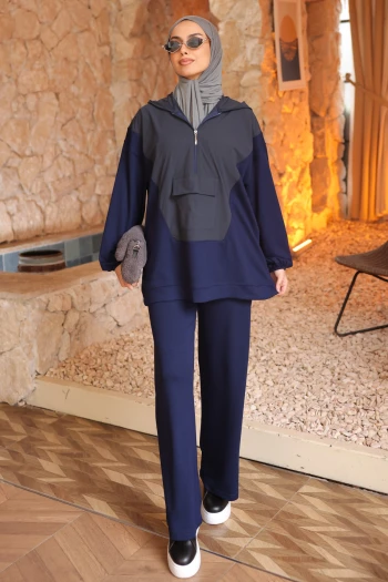 Lacivert Garnili Tunik Pantolonlu Modal Takım