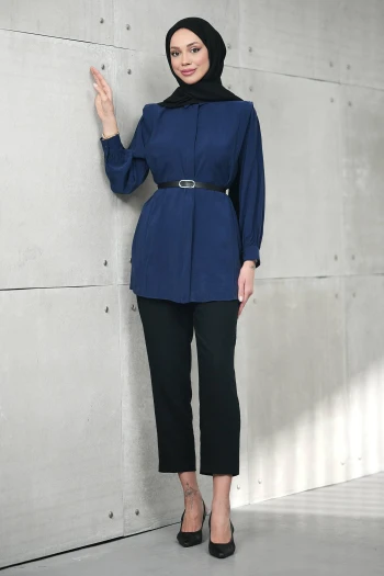 Lacivert Gizli Patlı Belden Kemerli Modal Dokuma Tunik