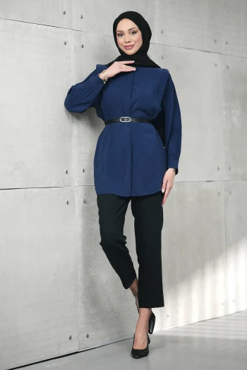 Lacivert Gizli Patlı Belden Kemerli Modal Dokuma Tunik