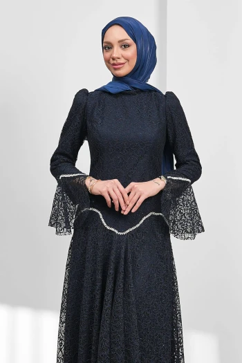Lacivert Güpürlü Astarlı Taşlı Abiye
