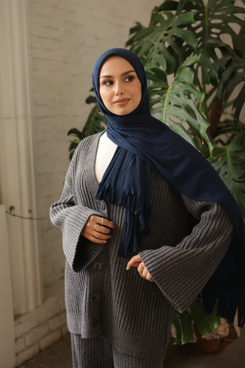 Lacivert Helen Önü Süngerli Pratik Piliseli Şal