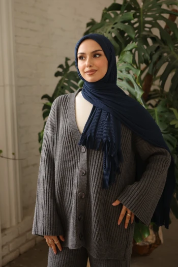 Lacivert Helen Önü Süngerli Pratik Piliseli Şal