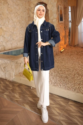 Lacivert İnci İşlemeli Kot Ceket