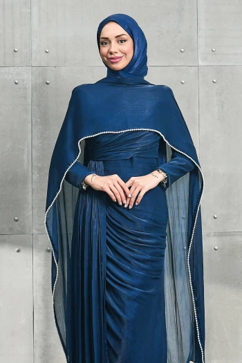 Lacivert İnci Pelerinli Önü Büzgülü Abiye