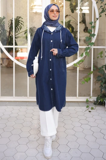 Lacivert Kapşonlu Cepli Kot Kap