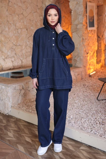 Lacivert Kapşonlu Kol Lastikli Tunik Pantolonlu Kot Takım