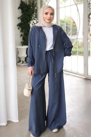 Lacivert Kapüşonlu Bol Paça Ceket Pantolonlu Takım