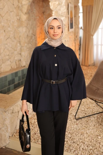 Lacivert Kemerli Düğmeli Dabıl Panço