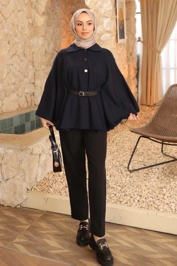 Lacivert Kemerli Düğmeli Dabıl Panço