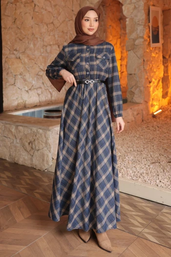 Lacivert Kemerli Ekose Desenli Düğmeli Elbise