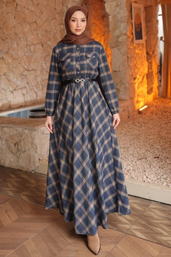 Lacivert Kemerli Ekose Desenli Düğmeli Elbise