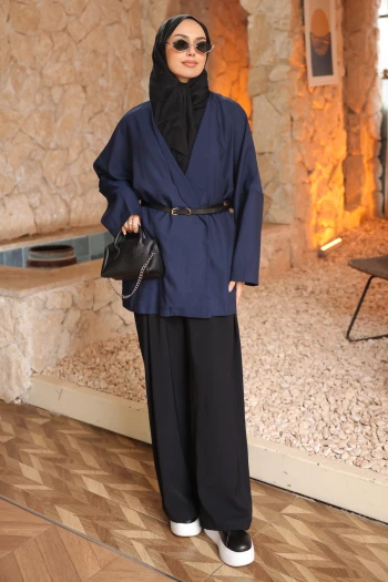 Lacivert Kemerli Kruvaze Yaka Salaş Ceket