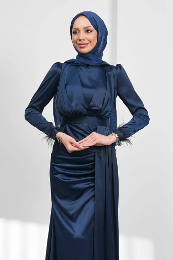 Lacivert Kemerli Önü Drapeli Balık Model Saten Abiye