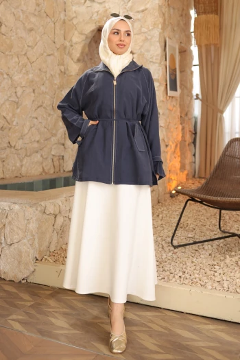 Lacivert Kol Apolet Detaylı Fermuarlı Ceket