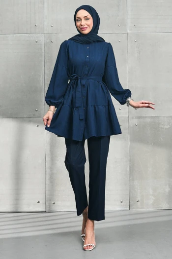 Lacivert Kol Lastikli Eteği Katlı Tunik