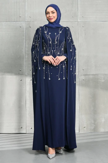 Lacivert Kolları Pelerinli Taşlı Abiye