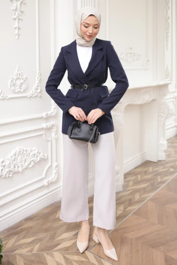 Lacivert Kravuze Yaka Kemerli Astarlı Ceket