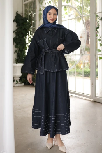 Lacivert Kuşaklı Ceket Etekli Takım Kot Takım