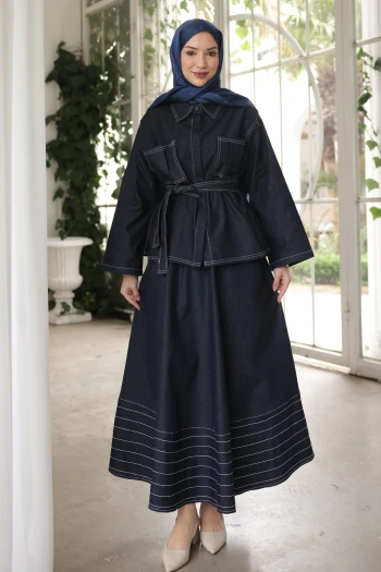 Lacivert Kuşaklı Ceket Etekli Takım Kot Takım