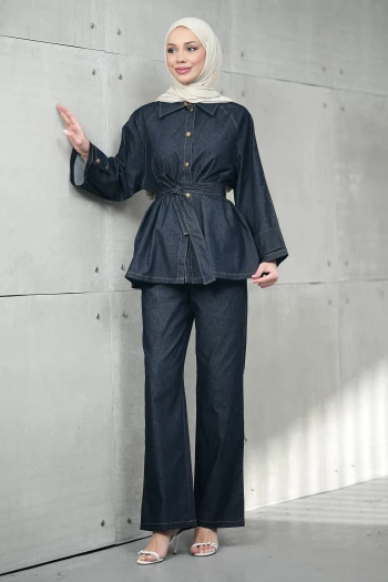 Lacivert Kuşaklı Ceket Pantolonlu Kot Takım