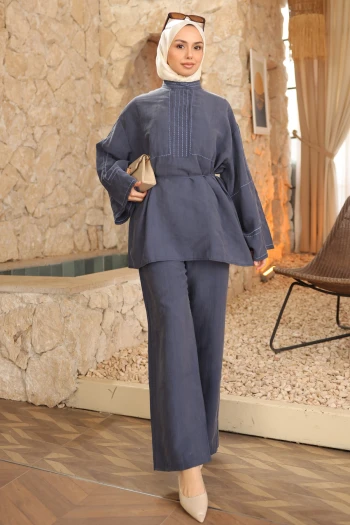 Lacivert Nakışlı Bel İpli Tunik Pantolonlu Takım