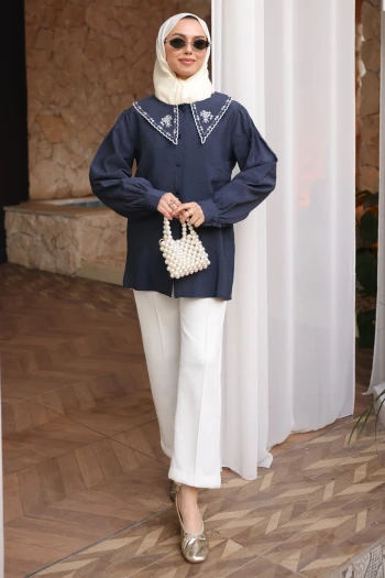 Lacivert NFC-5345 Yaka Nakışlı Düğmeli Gömlek