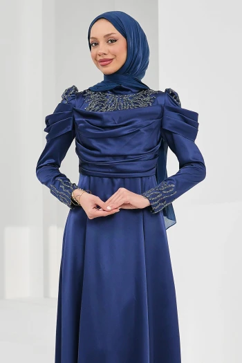 Lacivert Önü Drapeli Taşlı Saten Abiye