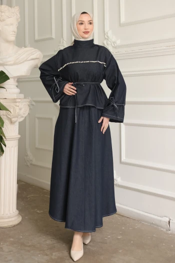 Lacivert Önü İncili Bağlama Detaylı Etekli Kot Takım