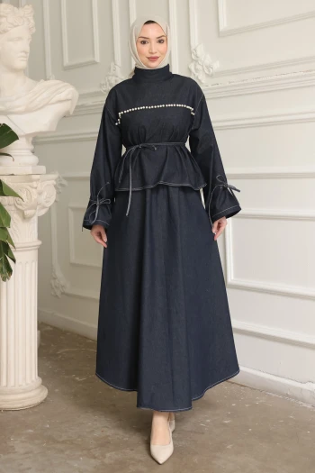 Lacivert Önü İncili Bağlama Detaylı Etekli Kot Takım