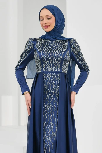 Lacivert Önü Taşlı Saten Abiye