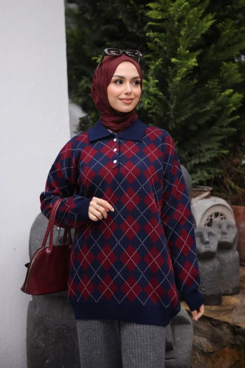 Lacivert Polo Yaka Baklava Desenli Triko Kazak