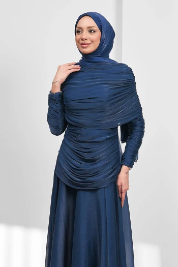 Lacivert Seyyar Pelerinli Drapeli Abiye