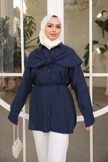 Lacivert Soft Dokulu Oversize Modal Gömlek