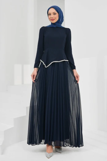 Lacivert Taş Detaylı Tasarım Abiye