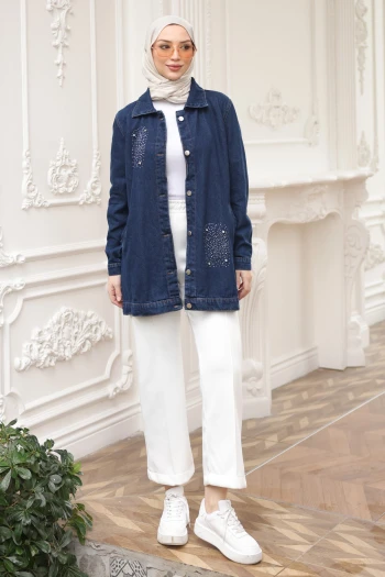 Lacivert Taşlı Cepli Kot Ceket