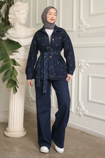 Lacivert Taşlı Kot Ceket Pantolonlu Takım