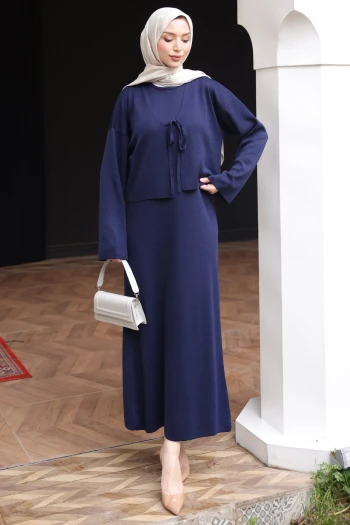 Lacivert Triko Hırka Elbise İkili Kombin Takım