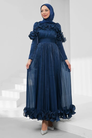 Lacivert Yaka Ve Etek Ucu Fırfırlı Işıltılı Abiye